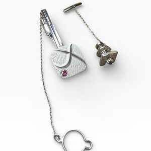 Vintage Mens Silver Tone Square Tie Bar Clip Chain Pink Gemstone Accent Formal